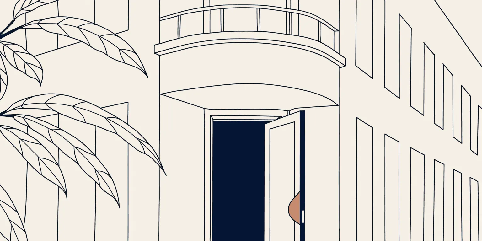 Line illustration of an open door in a Bauhaus facade