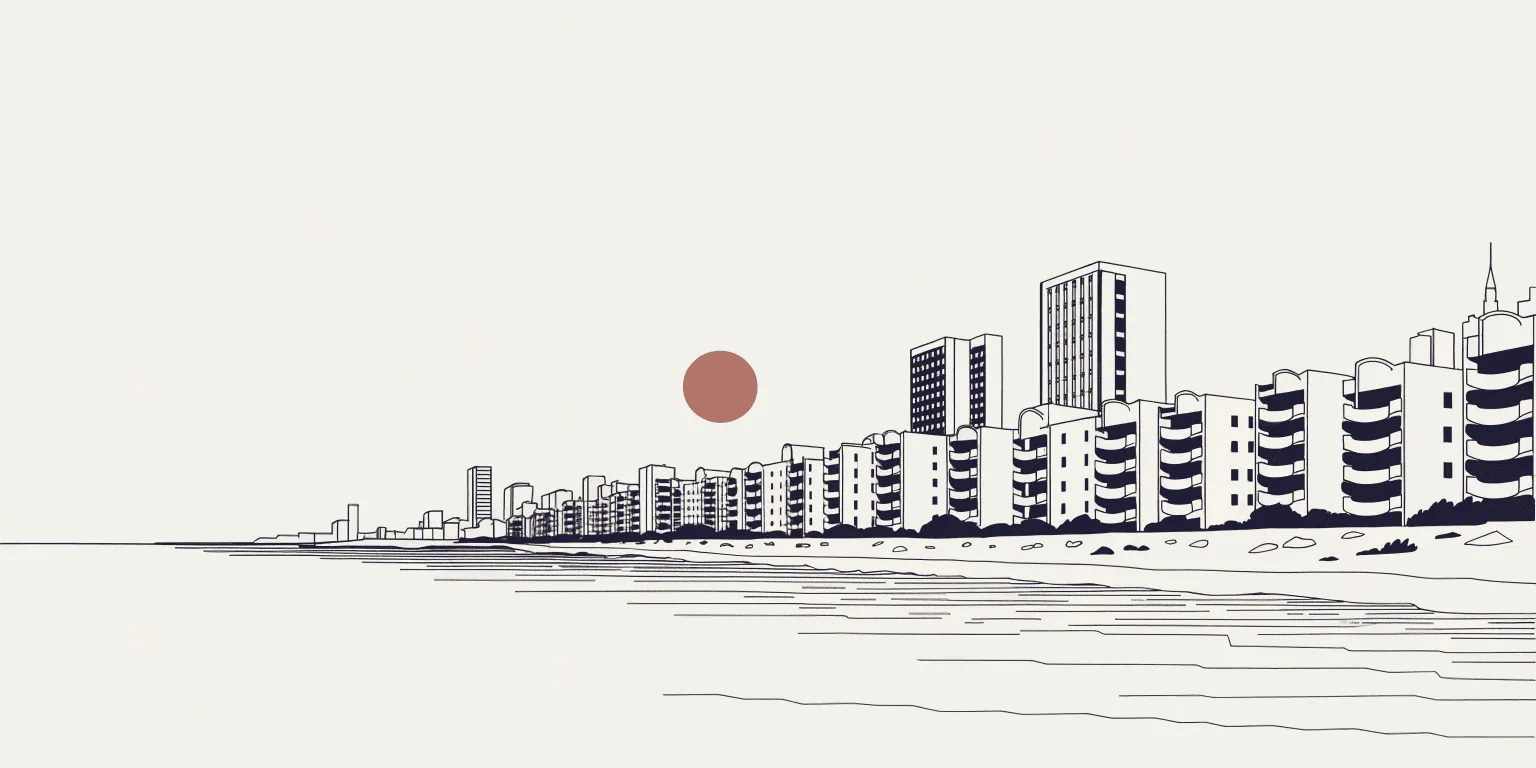 Line illustration of a Tel Aviv skyline seen from arriving at the coast
