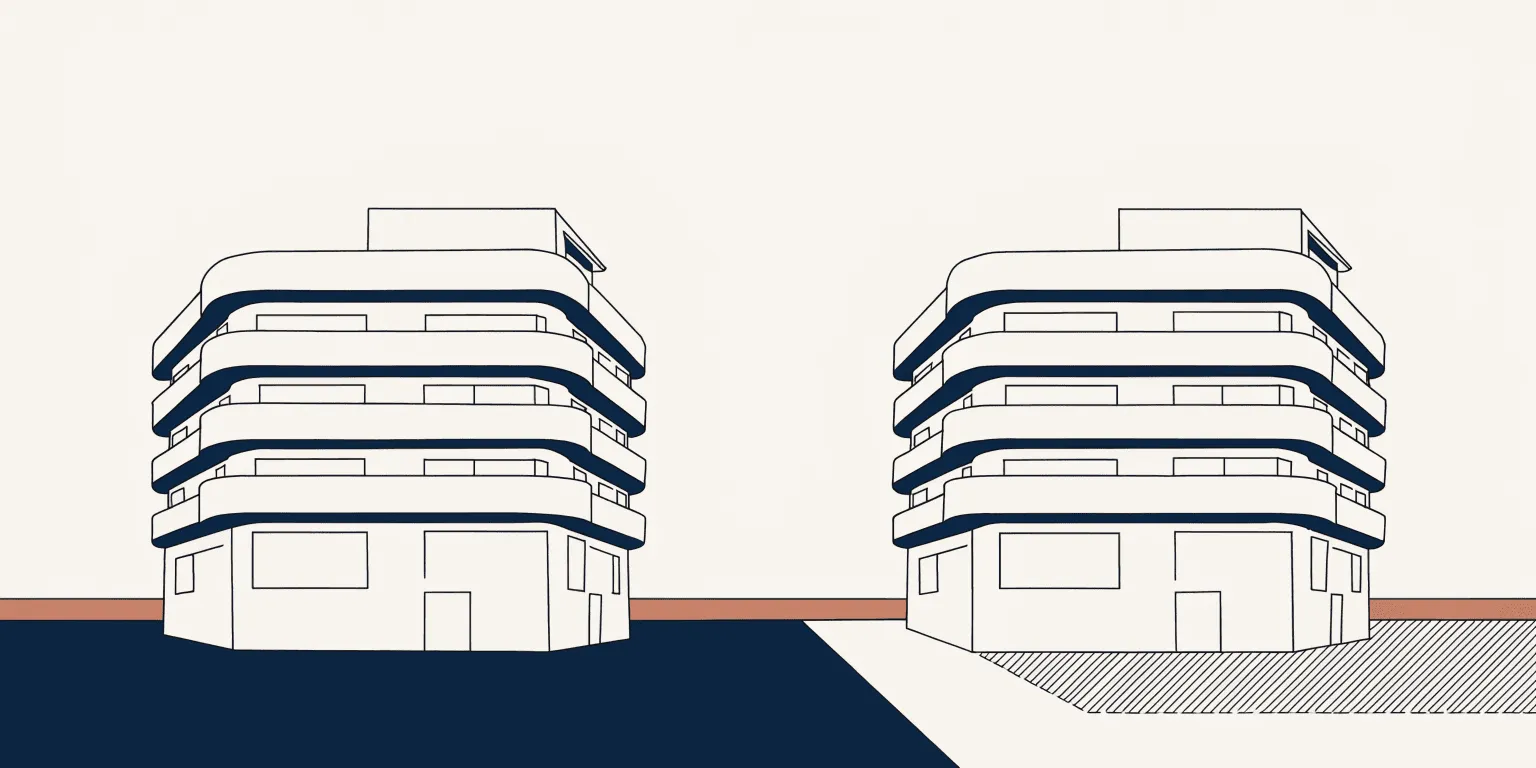 Line illustration of two building outlines on contrasting ground planes