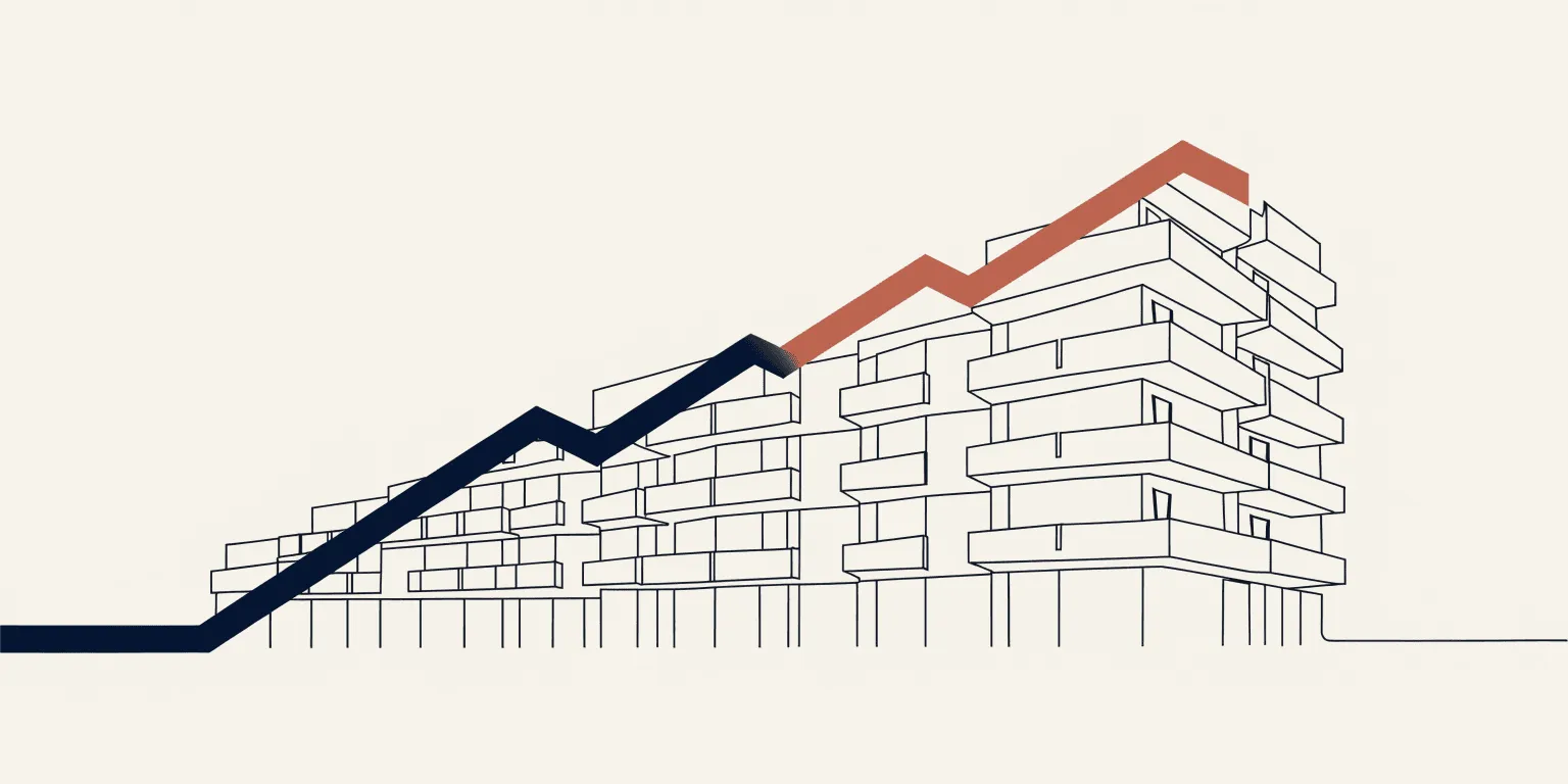 Line illustration of a building silhouette formed by a rising chart line
