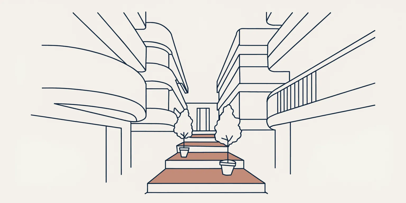 Line illustration of a stepped path between Tel Aviv buildings