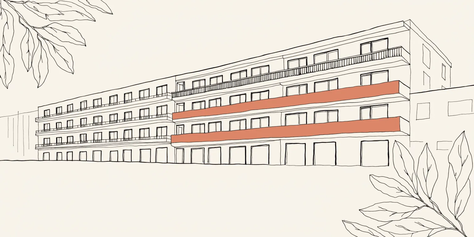 Line illustration of a Bauhaus facade with one floor accented in terracotta