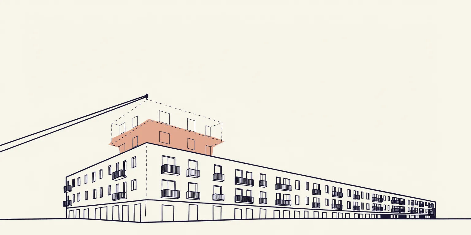 Line illustration of an old building with new floors sketched above it