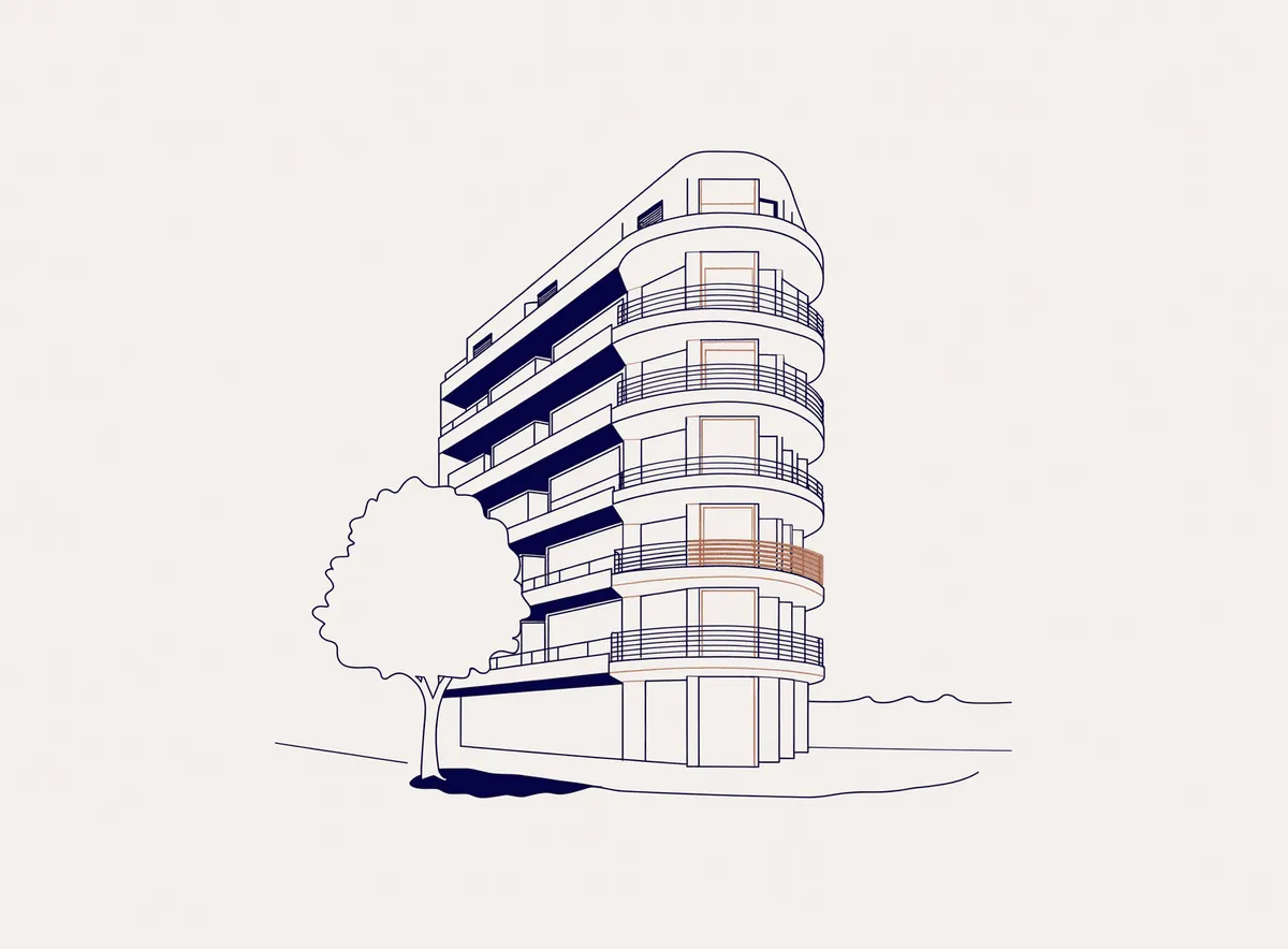 Line illustration of a Tel Aviv Bauhaus apartment building with curved balconies