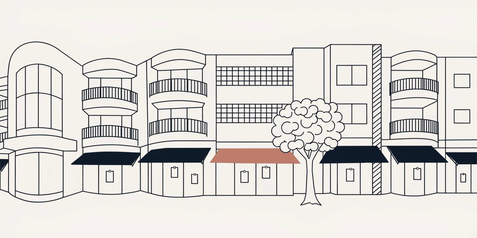 Line illustration of a Tel Aviv street of agency storefronts
