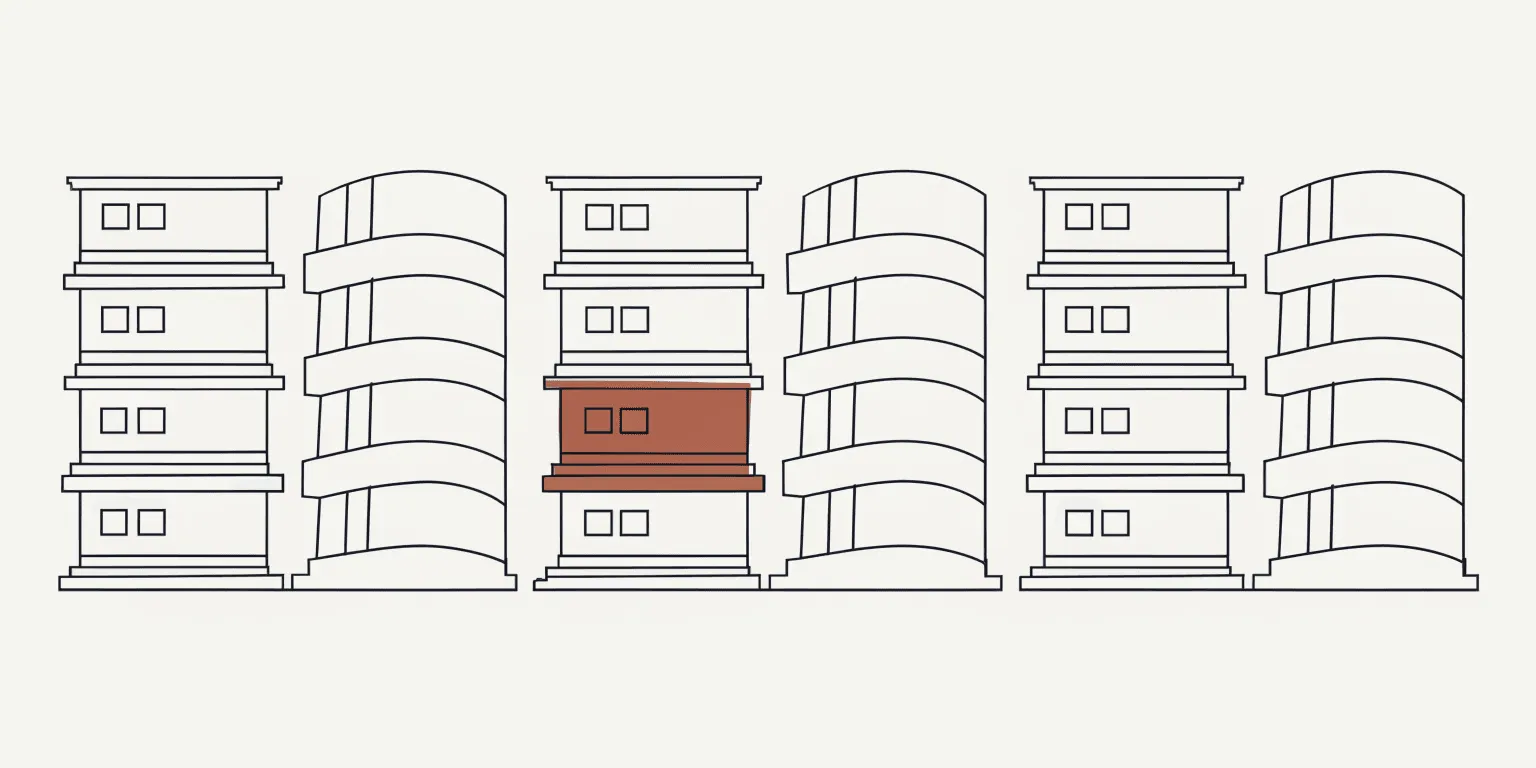 Line illustration of stacked architectural forms suggesting an index