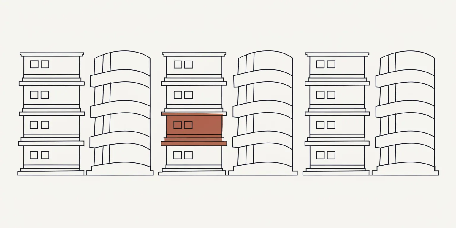 Line illustration of stacked architectural forms suggesting an index