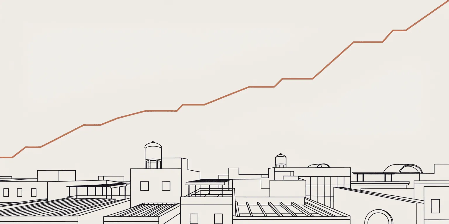 Line illustration of Tel Aviv rooftops with a rising data line