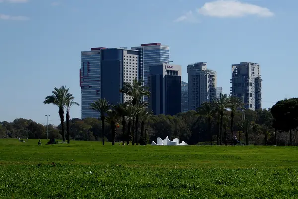 Open lawns and palms in Yarkon Park with towers behind, along the northern edge of Bavli