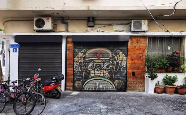 Painted garage door and potted plants on a workshop street in Florentin, south Tel Aviv