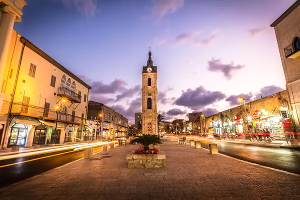 The Jaffa Clock Tower and its square lit at twilight, Jaffa, Tel Aviv