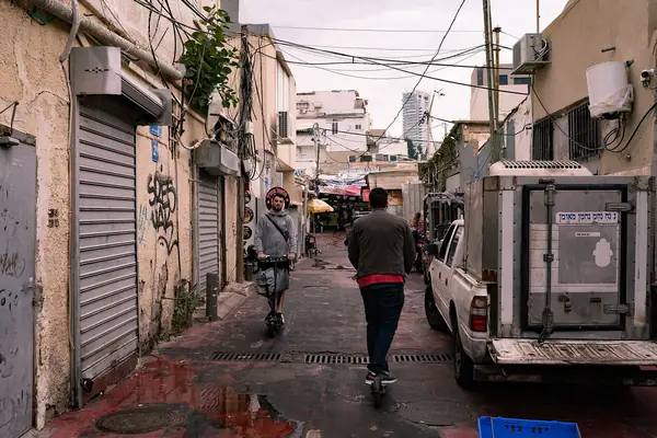 Narrow alley of shuttered stalls in the Kerem HaTeimanim quarter beside the Carmel Market