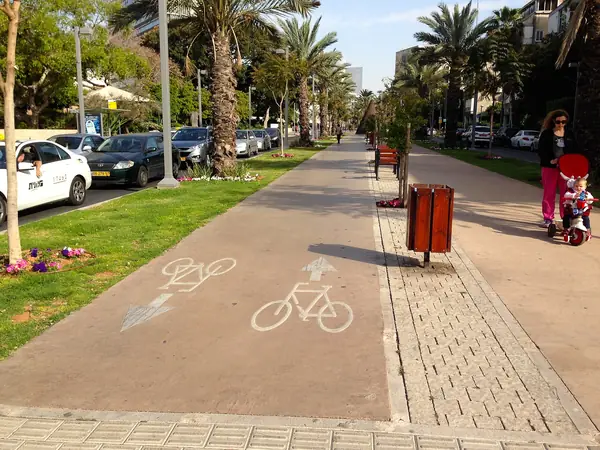 Cycle path lined with palms and flower beds running down Ben Gurion Boulevard, Old North Tel Aviv